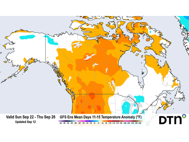 The period Sept. 22-26 will favor harvest efforts and continues to show warmer than average conditions for Western Canada. (DTN graphic)
