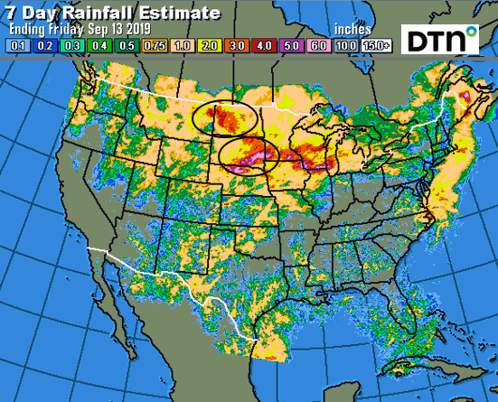 This DTN weather map shows a wide swath of heavy rain over the past week in the Dakotas and Montana. Those rainfall totals are forcing the Army Corps of Engineers to adjust its water releases from Gavins Point Dam in South Dakota into the Missouri River. (DTN weather map)