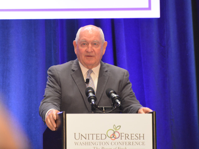 Secretary of Agriculture Sonny Perdue spoke Wednesday at the United Fresh conference in Washington. Perdue spoke mostly about trade and labor issues, and said it was encouraging that the U.S. and China were again negotiating on trade. (DTN photo by Chris Clayton)
