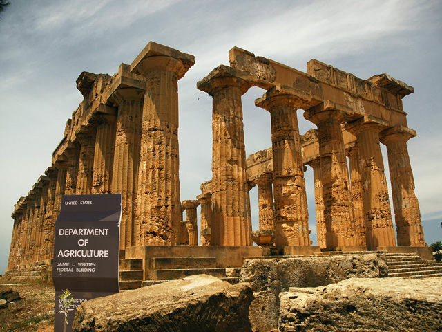 The Temple of Hera at Selinunte, Sicily, highlights how even the grandest of buildings can be dismantled. USDA has provided a similar blueprint for the relocation of the Economic Research Service (ERS). (DTN graphic by Nick Scalise)