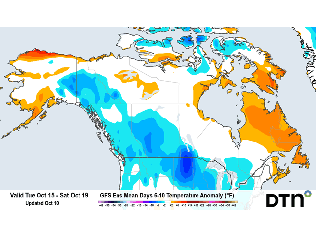 A cold air pattern has the Canadian Prairies in its sights during the mid-October time frame. (DTN graphic) 
