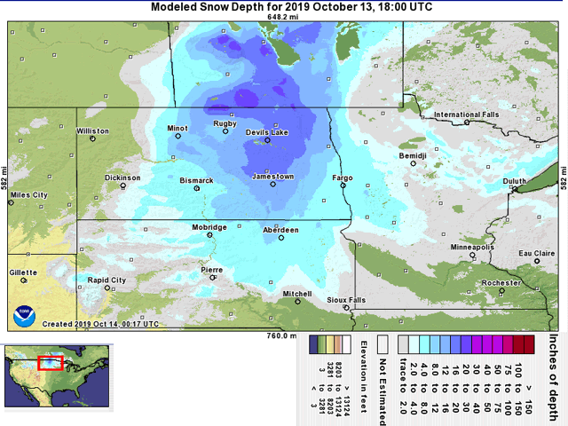 Most crop areas of North Dakota and southern Manitoba had crop-damaging snow of around 2 to 3 feet in the record-breaking October blizzard. (NOAA graphic)