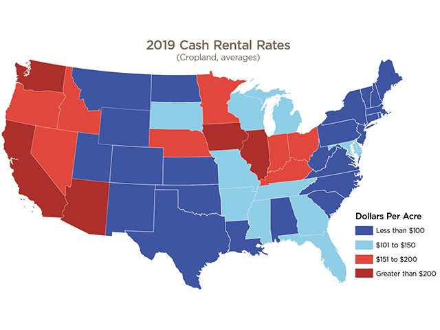 2019 Cash Rental Rates (Progressive Farmer image by USDA NASS, Farm Bureau Calculations)