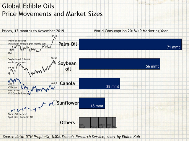 Prices for palm oil, the largest segment of the global edible oils market, have skyrocketed in late 2019. (Chart by Elaine Kub)