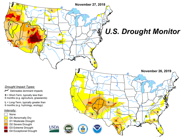 While some areas have seen improvement in soil moisture compared to a year ago, soil moisture in the Southern Plains area is lower as of Nov. 26, 2019 compared to Nov. 27, 2018 according to the U.S. Drought Monitor. (National Drought Mitigation Center maps)