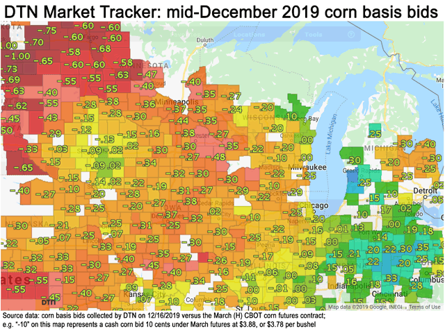 Corn basis bids collected daily by DTN illustrate the hot spots of short supply in the Eastern Corn Belt in mid-December 2019. (DTN graphic)