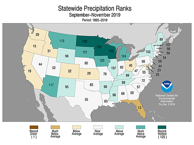 Several states in the Upper Midwest recorded their wettest September-November period on record going back 125 years this fall. The above average precipitation has soil moisture profiles brimming, which could be a recipe for disaster next spring. (Graphic courtesy of NOAA)