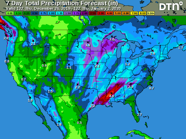 Moderate to heavy precipitation totals are in store for the central U.S. to add more moisture to an already heavy-precip year. (DTN graphic)  