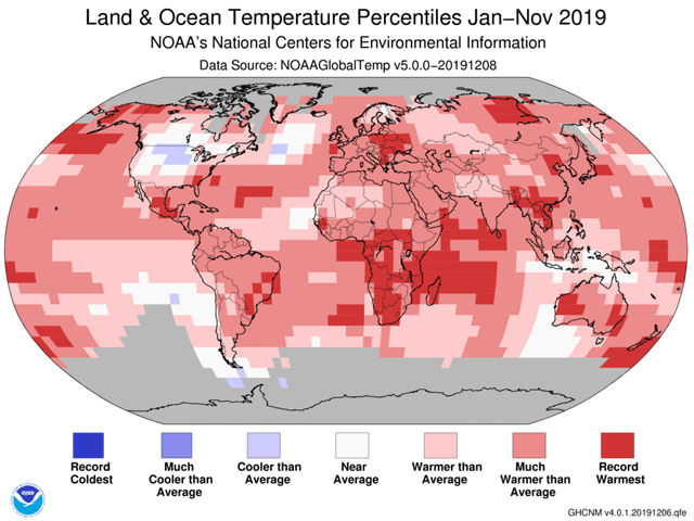 Record warmth for the first 11 months of the year 2019 occurred in many global areas, including almost the entire Indian Ocean. (NOAA graphic)  