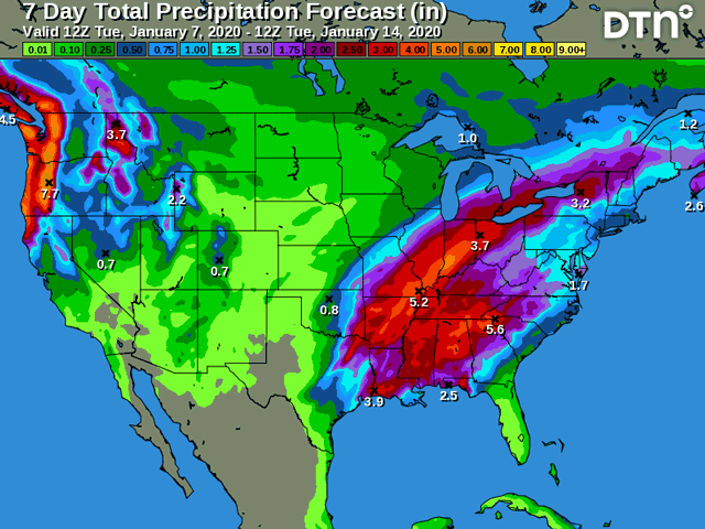 Heavy rainfall this week on already-saturated soil will probably go directly into the rivers. (DTN graphic)