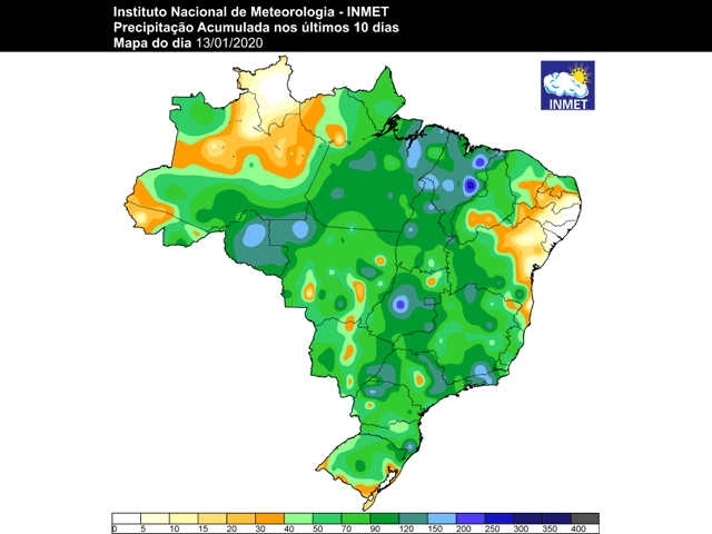 Almost all major crop areas of Brazil have had from 50-120 millimeters (4-8 inches) of rain in the past 10 days. (INMET graphic)
