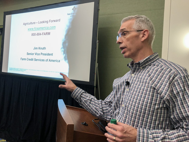 Jim Knuth, senior vice president of Farm Credit Services of America, highlighted some of the rationale for optimism at the Land Expo 2020 in Des Moines on Tuesday. Knuth pointed to the strength of land prices as a gift to farmers throughout the downturn in prices and export sales. (DTN photo by Chris Clayton) 