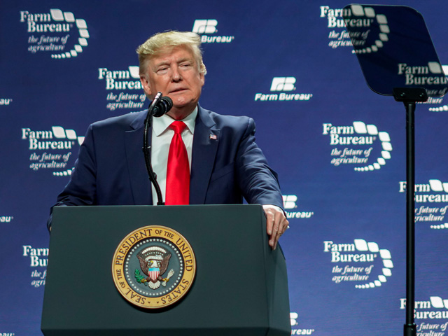 President Donald Trump spoke Sunday at the American Farm Bureau Federation annual meeting. Trump thanked farmers for standing by him during trade talks with China as he cited the policy initiatives his administration has taken in trade, regulations and taxes to help farmers. (Photo courtesy of the American Farm Bureau Federation)