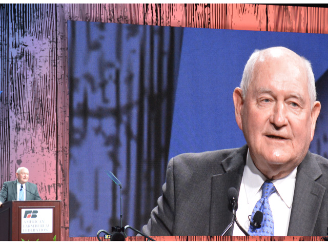 Agriculture Secretary Sonny Perdue addresses the 2020 American Farm Bureau Federation annual meeting in Austin, Texas. Perdue said a last round of MFP payments is coming soon, and he also said the Trump administration is working to reform the guest-worker provisions for agricultural labor. (DTN photo by Chris Clayton) 