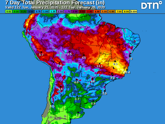 The major soybean-producing states of Mato Grosso, Parana and Rio Grande do Sul in Brazil continue to experience a favorable weather pattern with enough rain to support crop needs. (DTN graphic)