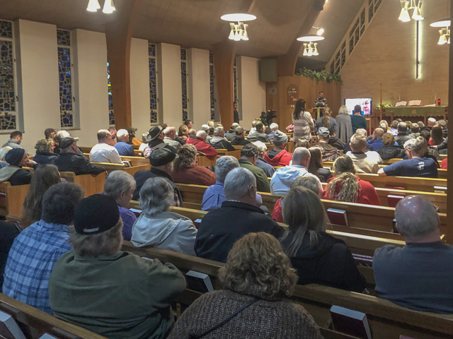 The pews were filled Monday night at St. John Lutheran Church in Mineola, Iowa, as the community discussed an eight-barn poultry operation that could be built just north of town. (DTN photo by Chris Clayton) 
