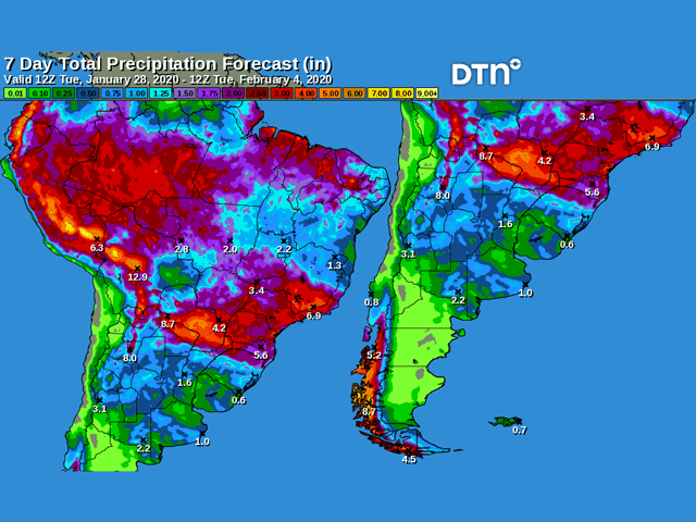The seven-day precipitation forecast for Brazil (left) has near-daily chances of scattered showers and thunderstorms for central Brazil; as for the forecast for Argentina (right) during the same period, a drier period is setting up. (DTN graphics)