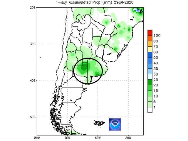 Rainfall of 10-25 millimeters, or a guarter inch to 1 inch, gave a needed lift to crops in Buenos Aires and La Pampa, Argentina on Jan. 30. (NOAA/CPC graphic)