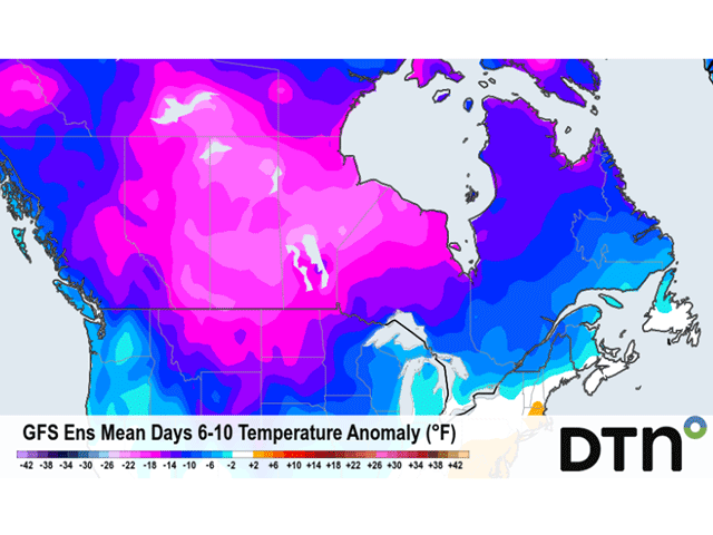 Much colder conditions are set to return to the Canadian Prairies and U.S. Northern Plains during mid-February. (DTN forecast graphic)