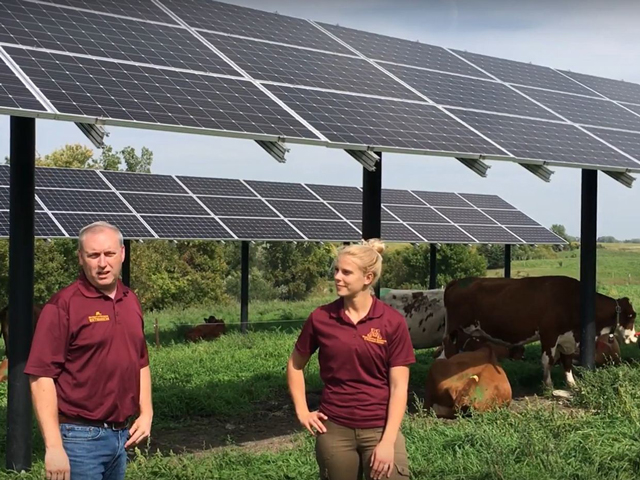 University of Minnesota Assistant Professor and Extension Organic Dairy Management Specialist Brad Heins and graduate student Kirsten Sharpe used a video to share some of the results from research regarding the benefits of solar panels on dairy farms. (Image from West Central Research and Outreach Center video)