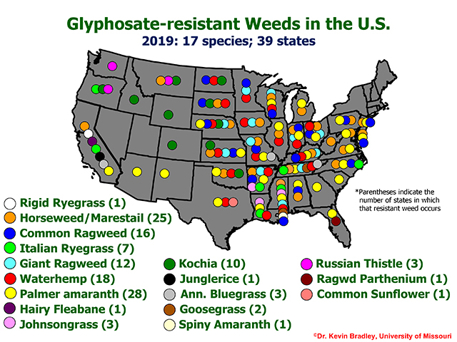 Glyphosate-Resistant Weeds in the U.S. (Progressive Farmer image by Dr. Kevin Bradley, University of Missouri)