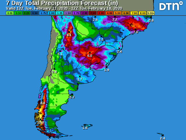 Rainfall in Buenos Aires and Santa Fe in Argentina and southern Brazil has been limited; the next chance of any widespread, significant rainfall in these areas will not be until early next week. (DTN graphic)