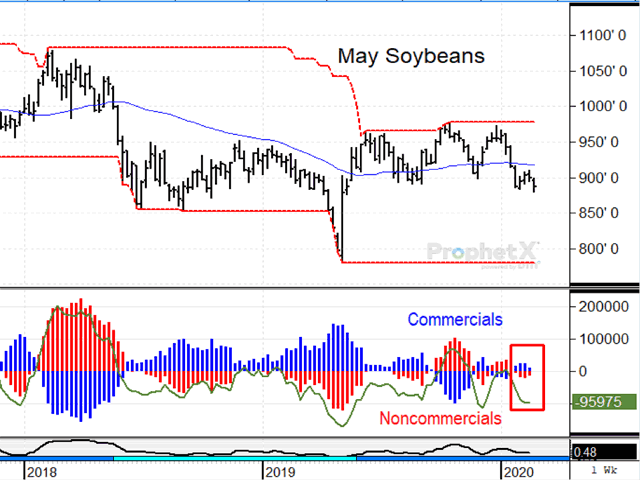 Nearly every commodity is trading lower this week as coronavirus spread to 47 countries. In the case of May soybeans, it is interesting that commercials are slightly net long, finding attractive value at prices near nine-month lows. (DTN ProphetX chart)