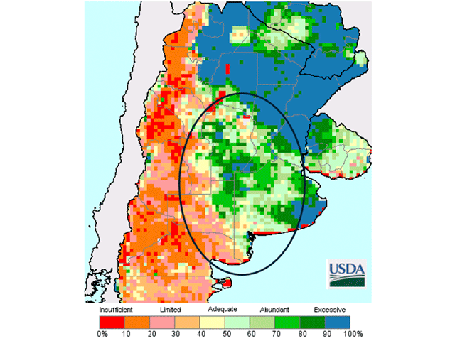 Soil moisture supplies in central Argentina are turning short in late season. (USDA graphic)