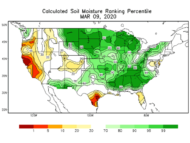 Many northern and eastern U.S. crop areas still have soil moisture levels in the 99th percentile. (NOAA graphic)