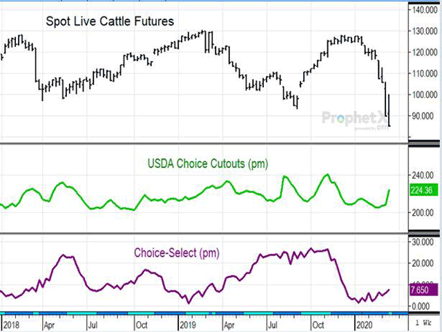 The different market reactions between the futures market crash and the boxed beef spike are bewildering when cash cattle prices are left in the dust. (DTN ProphetX chart)