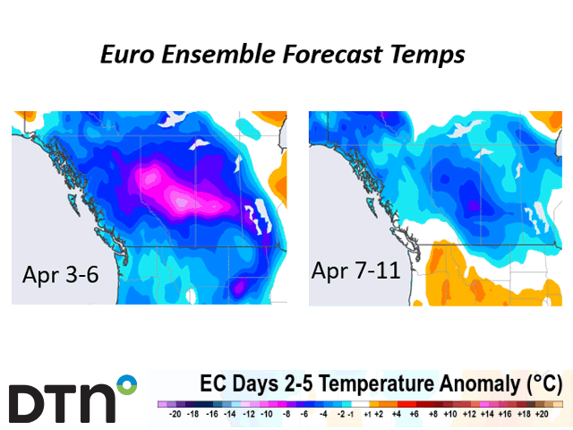 Below normal temperatures are featured in the Prairies forecast through at least mid-April. (DTN graphic)