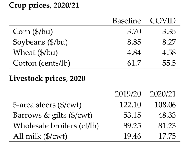 The Food and Agricultural Policy Research Institute updated its numbers for crops and livestock prices due to impacts from COVID-19. The analysis shows price declines and lower demand for every sector of agriculture. (Charts from FAPRI analysis) 