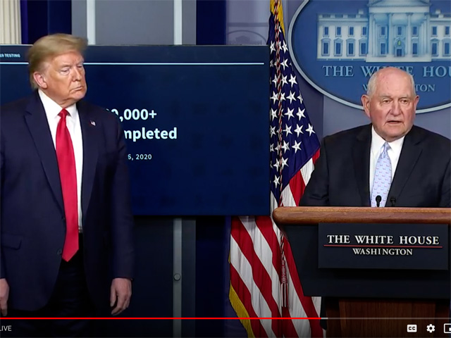 Responding to the impacts of the coronavirus, Agriculture Secretary Sonny Perdue announced the initial details of a $19 billion aid package to farmers and ranchers, as well as buying commodities for food donations. (Image from White House webcast)