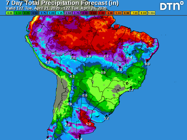 Argentina will see a slow-moving storm system April 23-26 will soak the country with 50-100 millimeters (2-4 inches) of precipitation, with locally heavier amounts. Far southern Brazil may receive some toward the week of April 27, but even then it would be only in a small area. (DTN graphic)