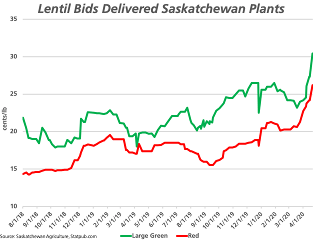 This chart shows the reported spot bids for large green lentils and red lentils delivered to Saskatchewan plants. Both old-crop and new-crop bids continue to tick higher. (DTN chart by Cliff Jamieson)