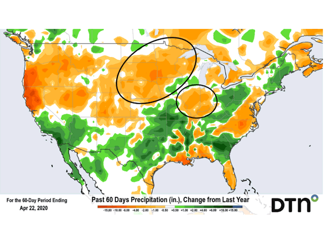Sizeable areas in the Northern Plains and Midwest have had from 6-to-10 inches less precipitation in the past 60 days compared with the same period in 2019. (DTN graphic)