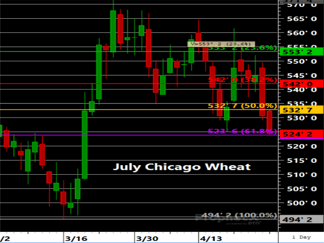 July Chicago Wheat would do well to find support around the 61.8% retracement of the preceding rally at $5.23 3/4. (DTN chart)