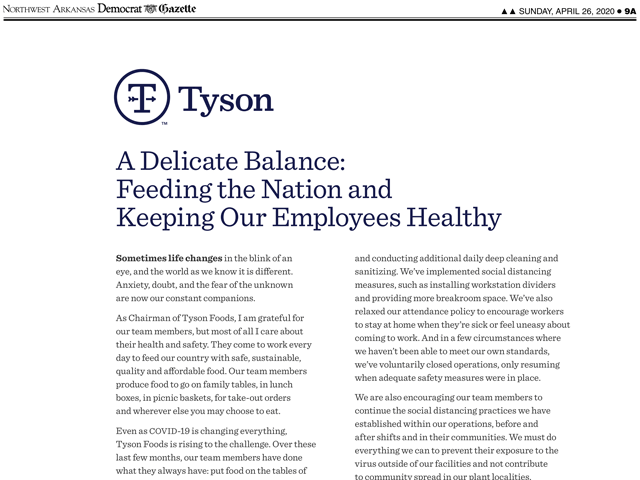 Tyson Foods&#039; chairman wrote a letter that appeared in major newspapers over the weekend. Tyson cited that the food supply chain is at risk if the country cannot rally to ensure workers are safe and that food processing continues. (DTN image from Tyson letter) 