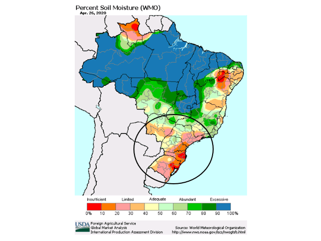 Most primary crop areas in Brazil have short to very short soil moisture; Mato Grosso is the exception. (USDA graphic)