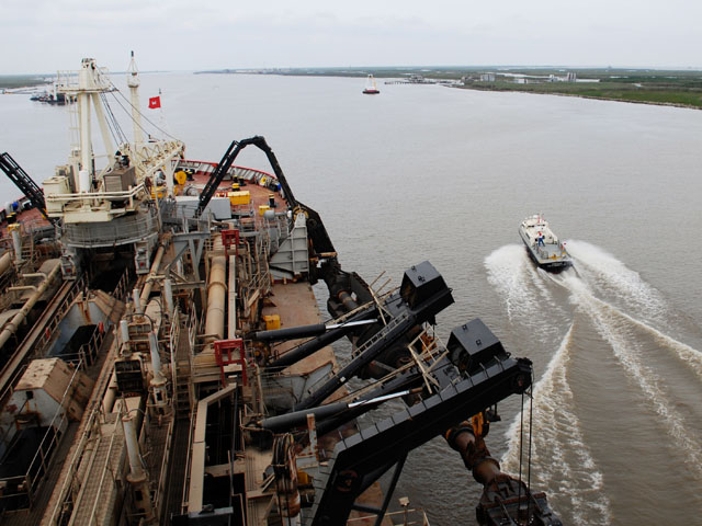 The dredge Wheeler on the southern Mississippi River is operated by the New Orleans District of the Army Corps of Engineers and is the largest hopper dredge operated by the Corps.  The Corps has received funding that would work to deepen the Mississippi River. (Photo courtesy of the U.S. Army Corps of Engineers) 