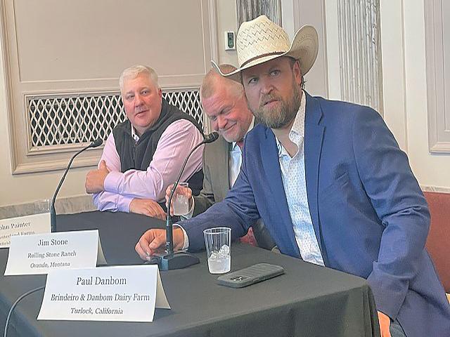 From left, John Painter, Painterland Farms, in Westfield, Pennsylvania; Jim Stone, Rolling Stone Ranch, Ovando, Montana; and Paul Danborn, Brindeiro & Danborn Dairy Farm, Turlock, California. Each talked about climate-smart practices on their farms. (DTN photo by Jerry Hagstrom/The Hagstrom Report)