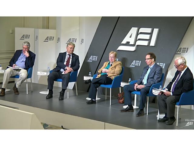 A panel discussion Tuesday on crop insurance and disaster aid held by the American Enterprise Institute included (from left) Joe Glauber, a former USDA chief economist, Roger Cryan, chief economist at the American Farm Bureau Federation, Stephanie Mercier of Agricultural Perspectives and a former economist for the House Agriculture Committee, and Barry Goodwin, an agricultural economist at North Carolina State University.  DTN Political Correspondent Jerry Hagstrom (right) moderated the panel. (Image from video livestream) 