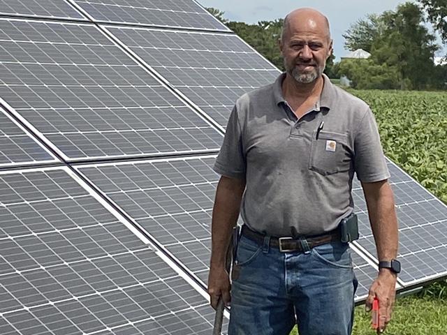 Troy Furrer, who farms near Wolcott, Indiana, said his solar arrays help him offset nearly $36,000 per year for electrical power for his hog operation. Net metering allows him to accumulate credits for power generated by solar panels that he doesn&#039;t use. The operation now only pays a monthly meter fee. (Photo courtesy of Troy Furrer)