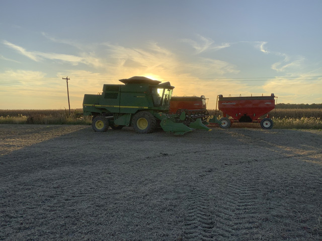 The sun goes down on only the second partial day of soybean harvest for Philip Shaw since Oct. 4 as Ontario farmers battle wet conditions. (DTN photo by Philip Shaw)