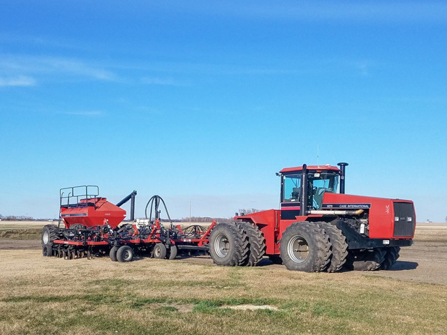 Tim Dufault of Crookston, Minnesota, has his planter all cleaned up but has nowhere to go, as fields were not yet ready for spring wheat planting as of April 29. (Photo by Tim Dufault)