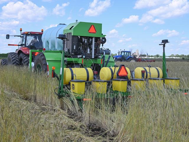 Josh Nelson of Belmond, Iowa, plants 5 acres of soybeans into corn residue and waist-high cereal rye on June 9 as part of a side-by-side planting trial by Susterre. The Canadian company is comparing how a planter equipped with its ultra-high-pressure waterjets (which take the place of coulters/trash whippers/trash cleaners) slice through heavy residue to help create a cleaner seedbed versus Nelson&#039;s no-till planter with trash whippers (pictured in the background). Yields, among other things, will be compared after harvest. (DTN/Progressive Farmer photo by Matthew Wilde)