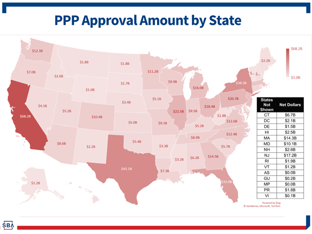 The Small Business Administration has released more details on its Paycheck Protection Program loans, including a database of loans approved, and more information such as the breakdown of loans per state. (Map courtesy of SBA)