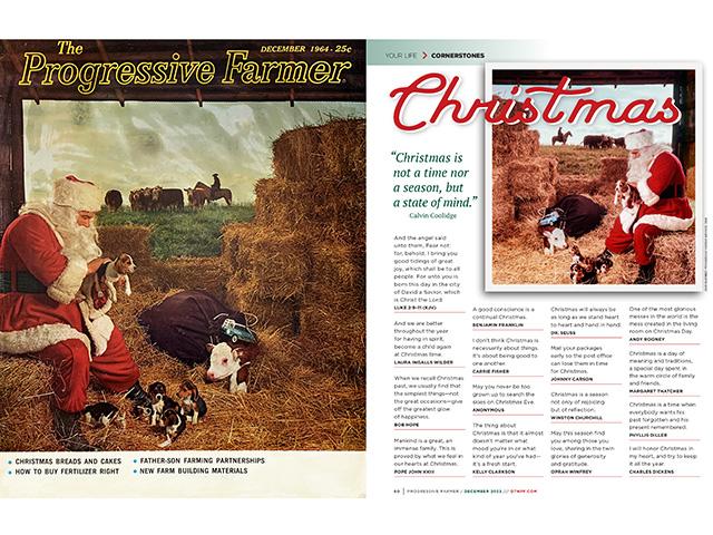 On the left, the original cover of the December 1964 cover of The Progressive Farmer. On the right, an archived image from the same photo shoot that was used for the Cornerstones page in the December 2023 issue of the magazine. (DTN/Progressive Farmer file photo by John McKinney)