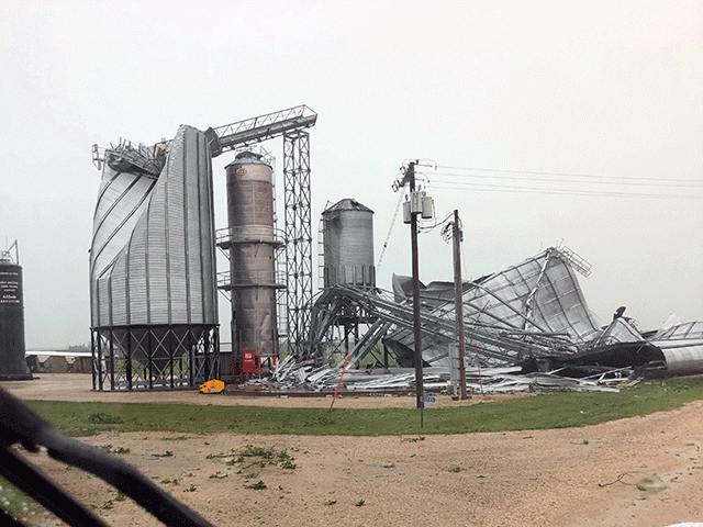 Farmers across a large swath of Iowa and Illinois lost grain bins and saw other damage to their farms. Among them was Iowa farmer Ben Riensche, whose grain bins were damaged on his farm near Marion in eastern Iowa. (Photo courtesy of Ben Riensche)