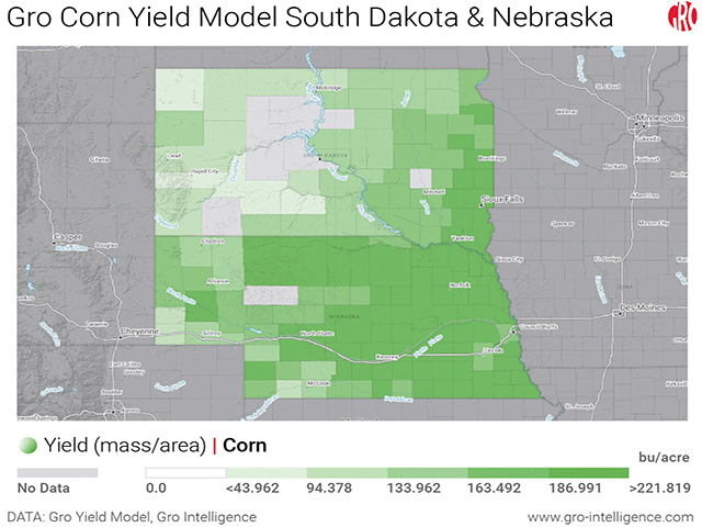 Darker-green shading shows higher yields on Gro Intelligence&#039;s real-time yield maps for Nebraska and South Dakota on day one of the DTN 2019 Digital Yield Tour. Both states could set records thanks to timely planting and cooperative weather. (Map courtesy of Gro Intelligence)